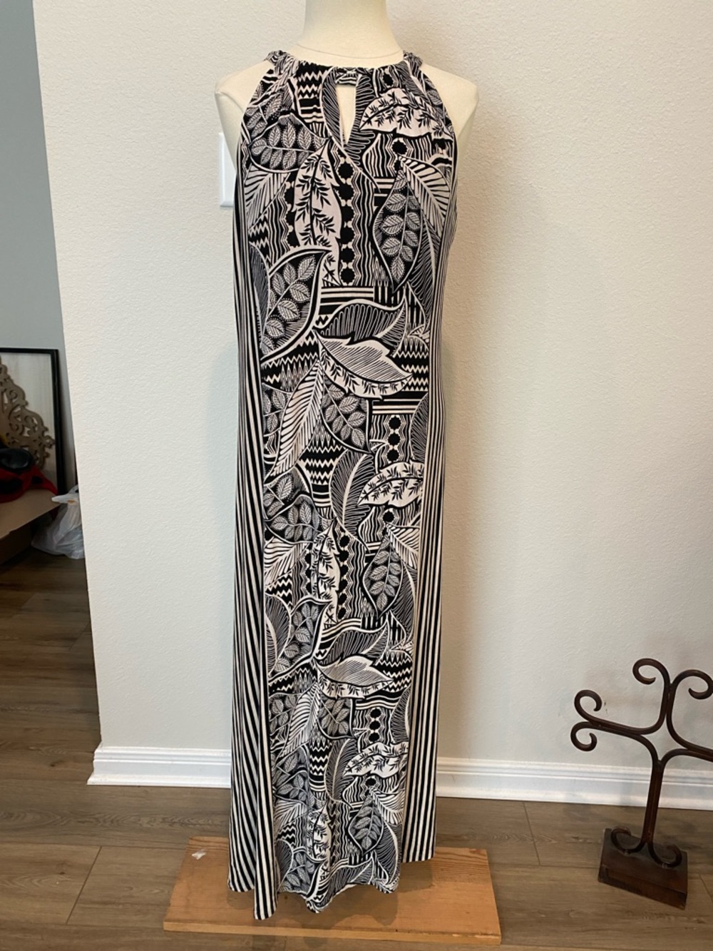 Chico's Black and White Striped Leaf-Print Halter Maxi Dress Large
